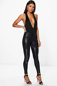 Boohoo Violet Biker Zip Detail Wet Look Leggings