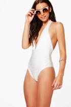 Boohoo Cannes Boutique Bandage Plunge Bathing Suit White
