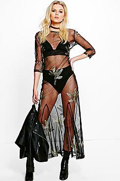 Boohoo Petite Sophia Embroidered Mesh Maxi Dress