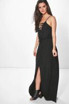 Boohoo Ria Ruffle Lace Split Front Maxi Dress Black