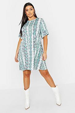 Boohoo Plus Snake Ruffle Sleeve Smock Dress