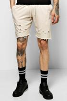 Boohoo Jersey Shorts With Distressing & Raw Edges Stone