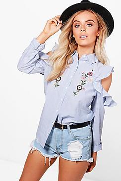 Boohoo Charlie Cold Shoulder Embroidered Stripe Shirt