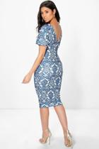 Boohoo Constance Porcelain Short Sleeve Midi Dress Blue