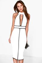 Boohoo Alex High Neck Contrast Piping Midi Dress Ivory