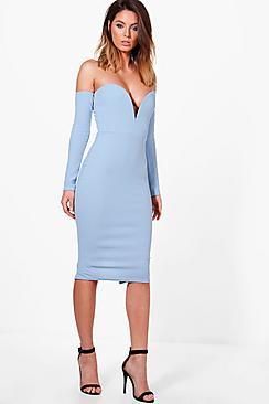 Boohoo Amy Plunge Detail Off The Shoulder Midi Dress