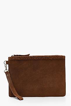 Boohoo Real Suede Plait Trim Clutch