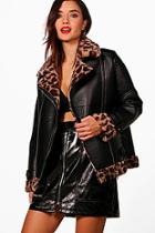 Boohoo Jodie Leopard Faux Fur Aviator Jacket