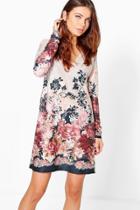 Boohoo Agne Floral Long Sleeved Shift Dress Black