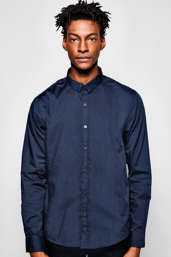 Boohoo Plain Poplin Long Sleeve Shirt Navy