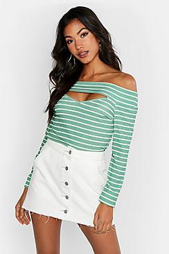 Boohoo Cut Out Detail Bardot Stripe Rib Top