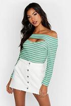 Boohoo Cut Out Detail Bardot Stripe Rib Top