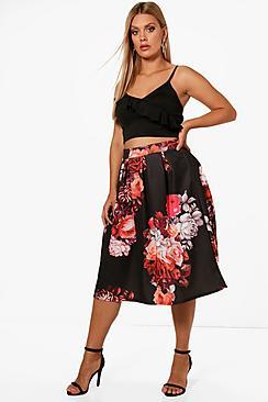 Boohoo Plus Sara Floral Print Scuba Midi Skater Skirt