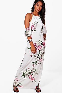 Boohoo Harriet Cold Shoulder Ruffle Sleeve Maxi Dress