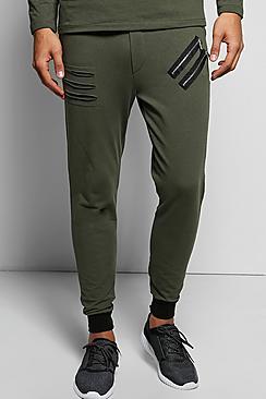Boohoo Skinny Fit Distressed Joggers With Zips
