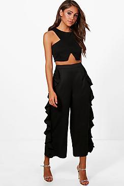 Boohoo Calista Ruffle Side Woven Wide Leg Culottes