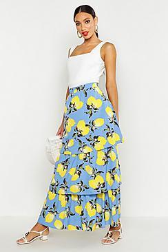 Boohoo Lemon Print Ruffle Hem Maxi Skirt