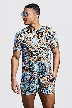 Boohoo Baroque & Animal Print Muscle Fit T-shirt & Swim Short