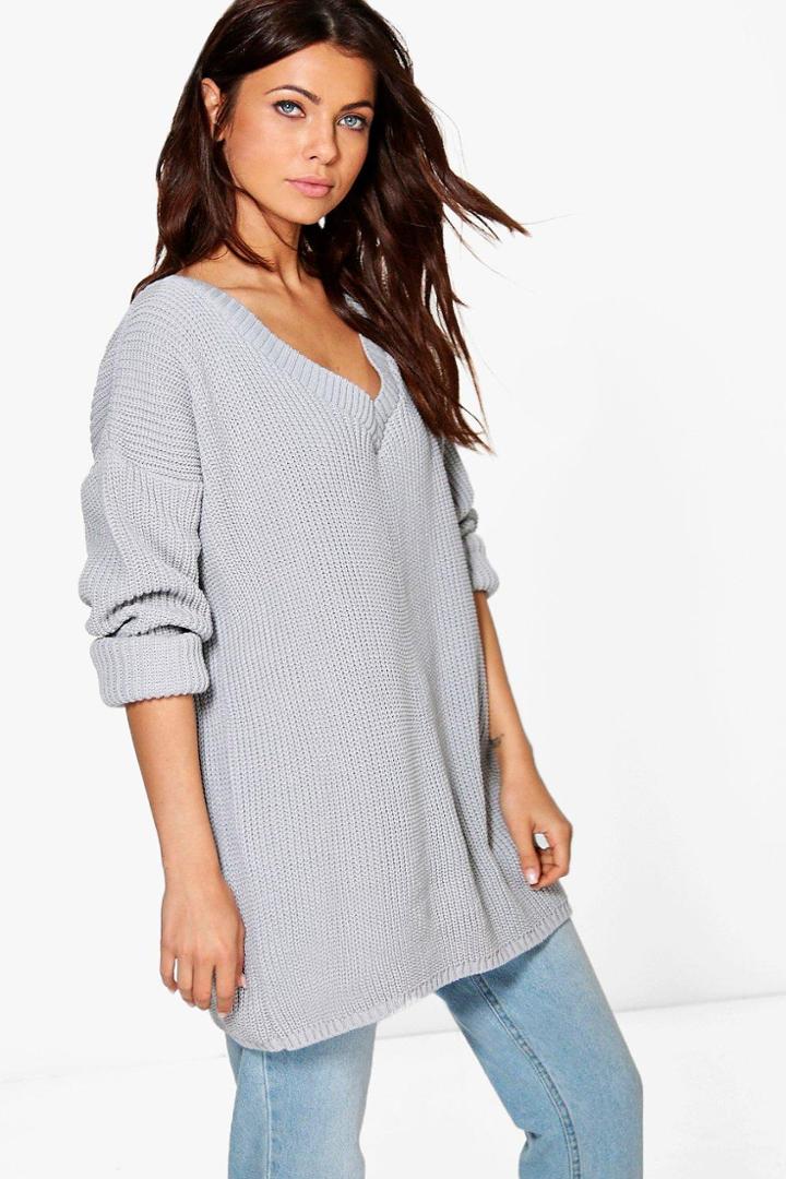 Boohoo Hannah Rib V Neck Jumper Grey