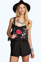 Boohoo Boutique Poppy Embroidered Double Layer Playsuit Black