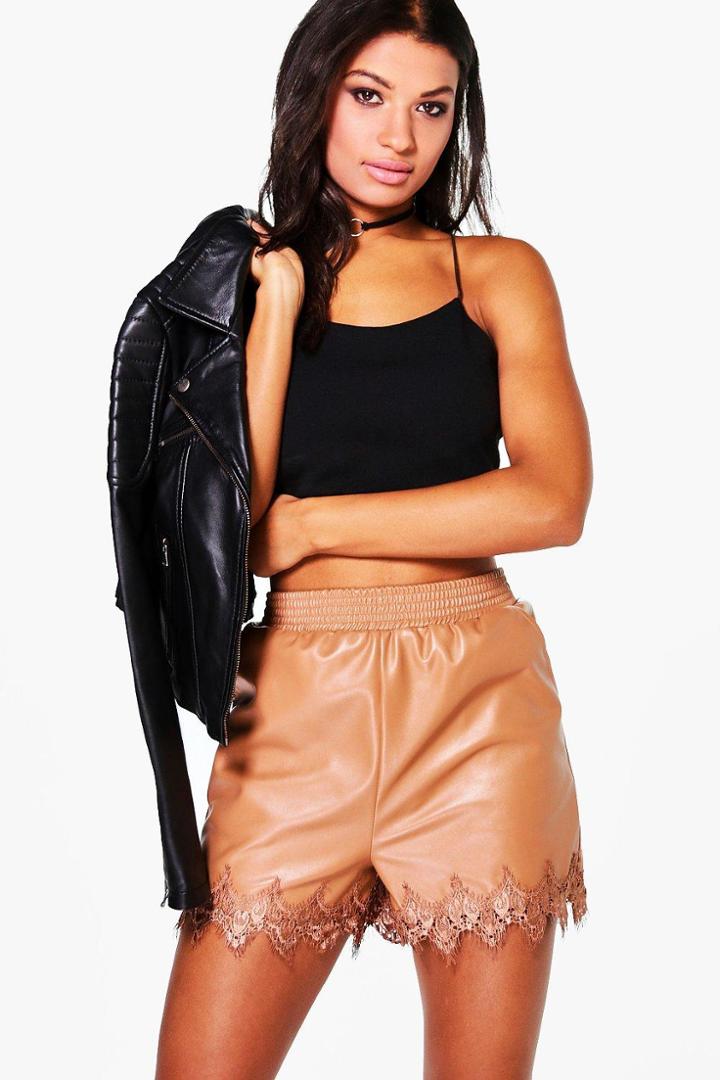 Boohoo Fabienne Leather Look Lace Trim Shorts Tan