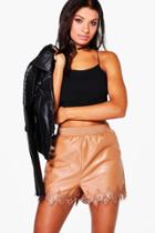 Boohoo Fabienne Leather Look Lace Trim Shorts Tan