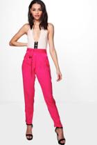 Boohoo Luna Tie Waist Slimline Luxe Trousers Magenta