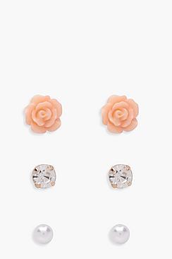 Boohoo Paula Diamante Rose And Pearl Stud 3 Pack