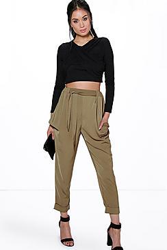Boohoo Alani Turn Up Tie Waist Cargo Trousers