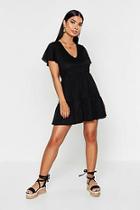 Boohoo Petite Linen Look Tiered Ruffle Smock Dress