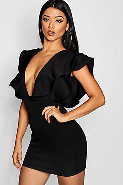 Boohoo Plunge Ruffle Sleeve Bodycon Mini Dress