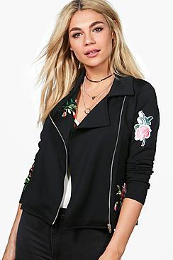 Boohoo Danielle Scuba Embroidered Biker Jacket