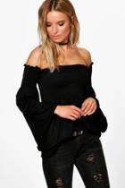 Boohoo Ona Shirred Bardot Tunic Black