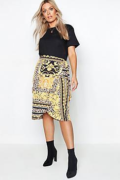 Boohoo Plus Wrap Leopard & Chain Midi Skirt