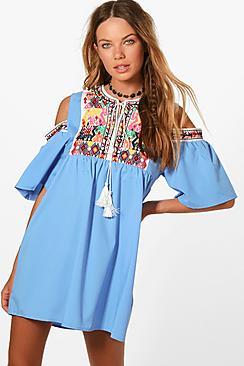 Boohoo Gemma Embroidered Cold Shoulder Shift Dress
