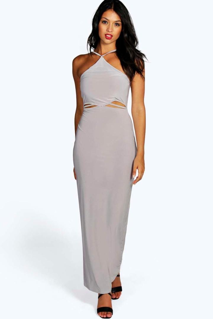 Boohoo Heidi Slinky Cut Out Maxi Dress Silver
