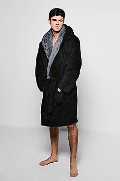 Boohoo Hooded Fleece Robe With Contrast Lapel