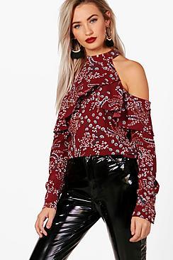 Boohoo Darcie Ruffle Cold Shoulder Floral Top