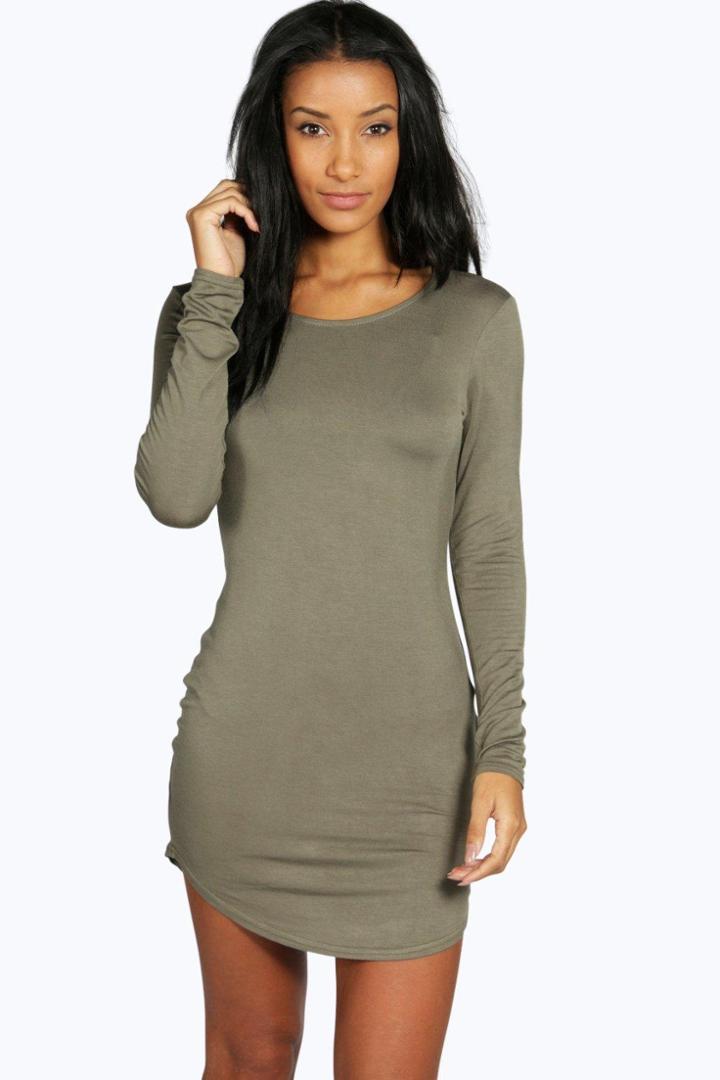 Boohoo Larissa Curved Hem Bodycon Dress Khaki