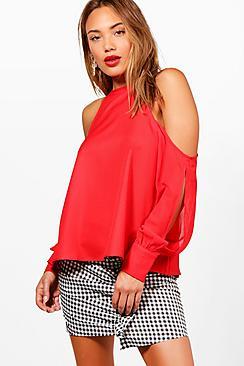 Boohoo Layla Cold Shoulder Chiffon Bell Sleeve Blouse
