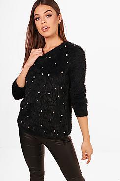 Boohoo Yasmin Fluffy Knit Pearl Detail Jumper