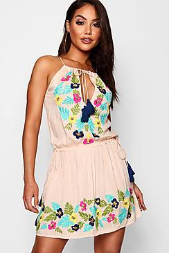 Boohoo Ibiza Floral Sequin Tassel Tie Beach Dress