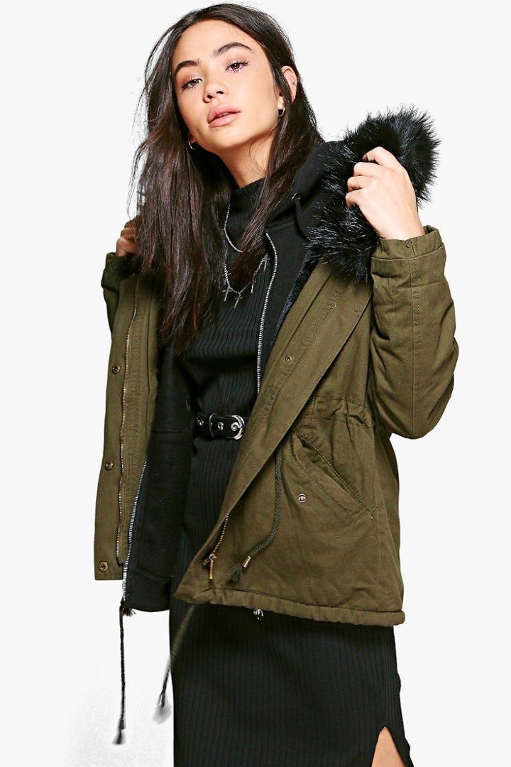 Boohoo Isobel Faux Fur Long Parka Black