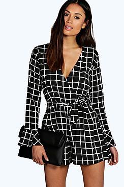 Boohoo Maya Grid Check Wrap Over Tie Belt Playsuit