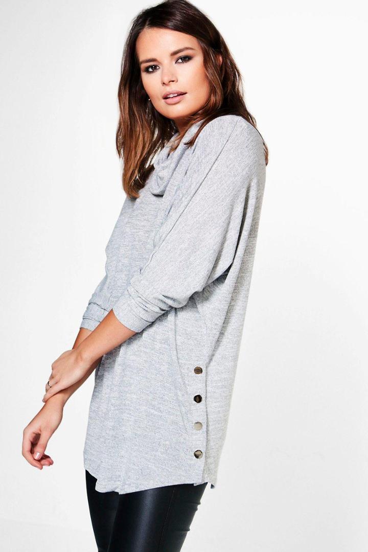 Boohoo Hannah Cowl Neck Button Detail Oversized Jumper Grey