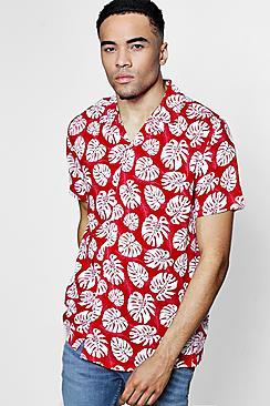 Boohoo Red Short Sleeve Tropical Leaf Print Revere Shirt