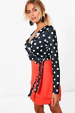 Boohoo Eleanor Spot Ruffle Front Top