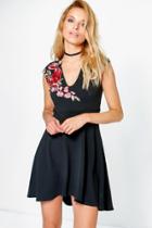 Boohoo Leah Floral Applique Dip Hem Skater Dress Black