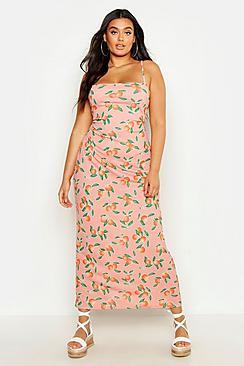 Boohoo Plus Fruit Printed Square Neck Maxi Dress
