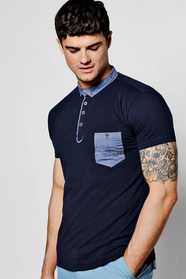 Boohoo Short Sleeve Polo With Chambray Collar & Placket Navy